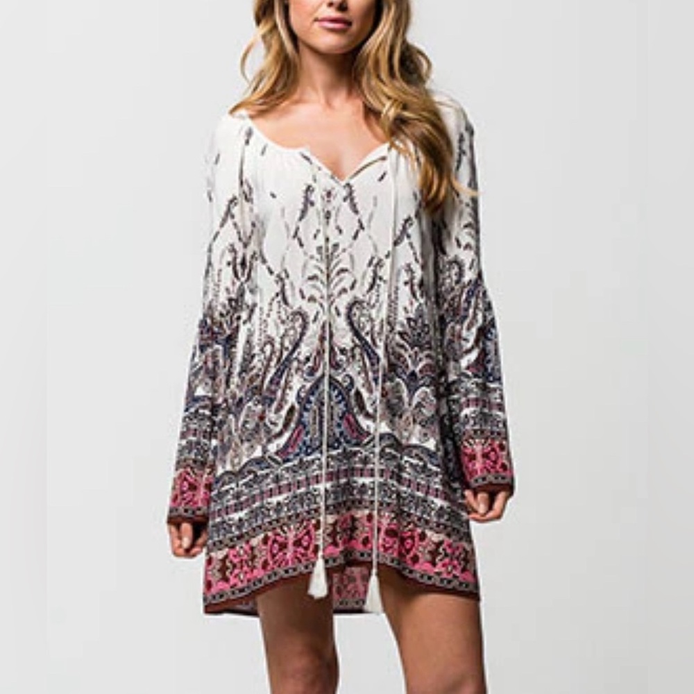 Blu Pepper Bohemian Boho Print Tunic Dress with Bell Sleeves & tassle ties, sz S